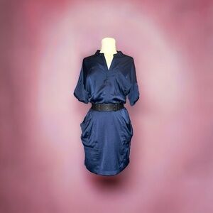 BCBG MAXAZRIA Navy Satin Blue Short Sleeve Belted Dress ZENJA Sz M